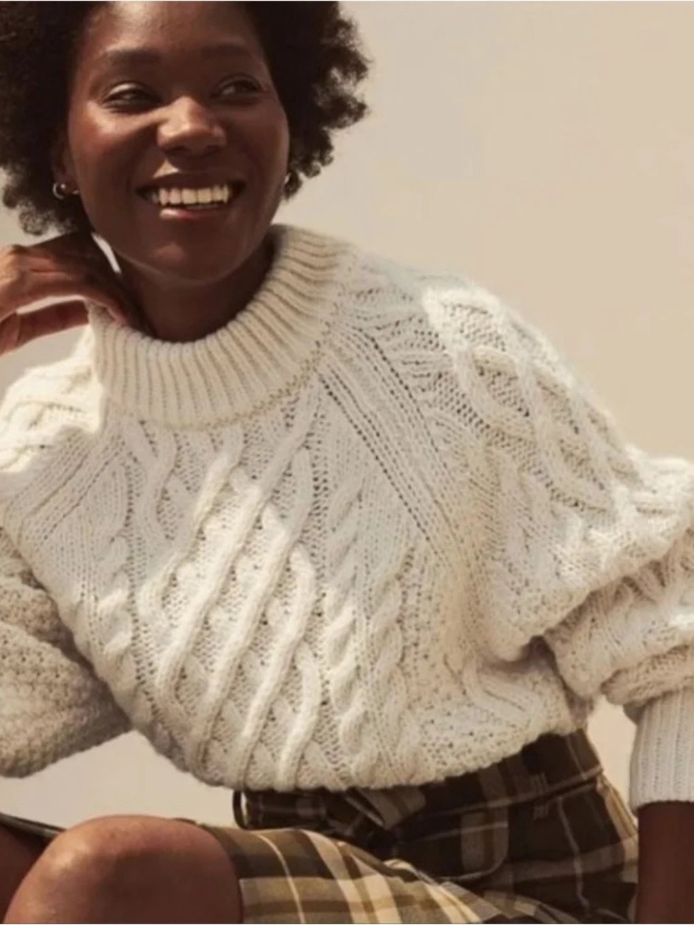 H&M Cream Cable Knit Mock Neck Sweater Wool Blend Size Large